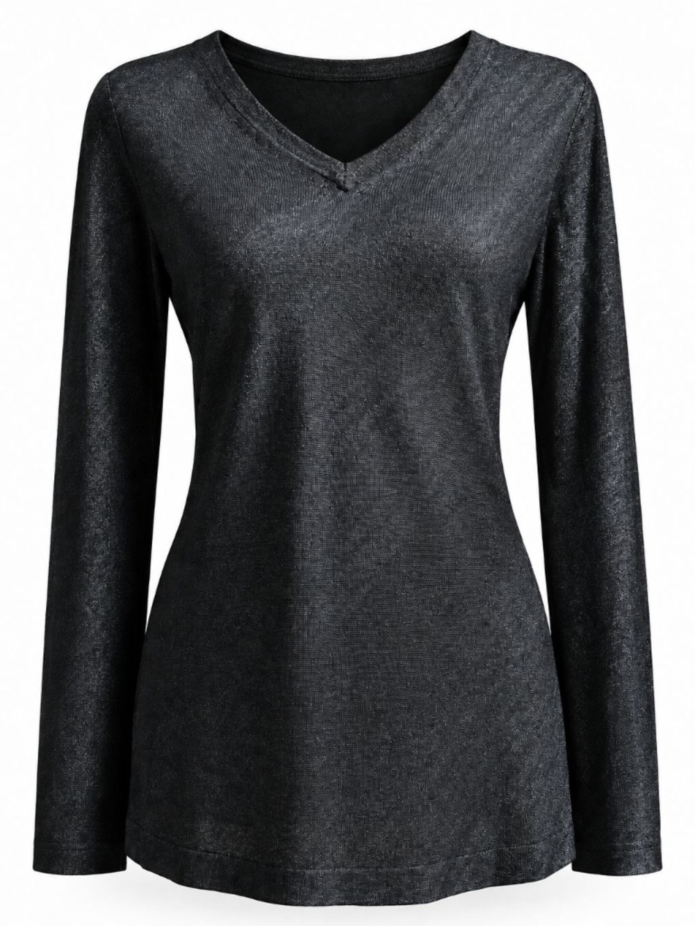 J. McLaughlin Black Metallic V-Neck Long Sleeve Top Size Small | Sheer Knit